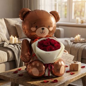 A large teddy bear balloon & 11 roses